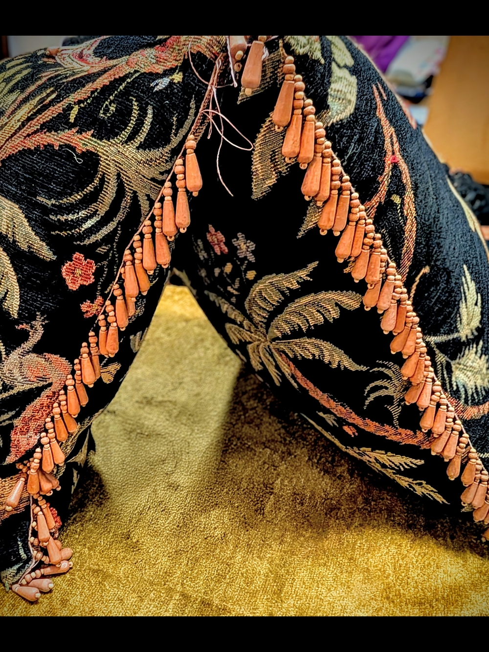 Vintage 90's Tapestry Pillows Woven Jacquard Wooden Beaded Trim Set Of 2